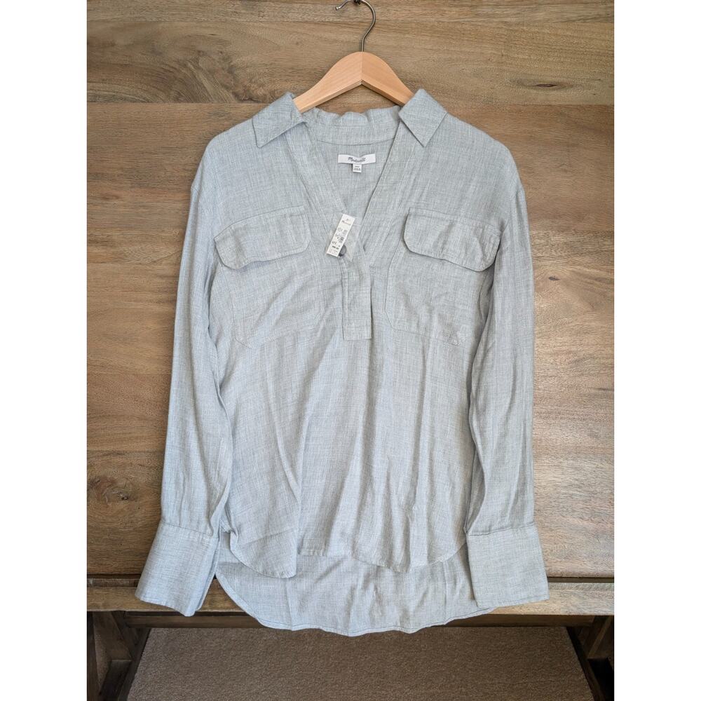 NWT Madewell Shirt Blouse Top Womens 2XS Gray Flap Pockets Long Sleeve High Low